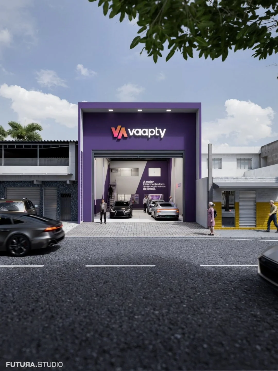 Projeto de fachada comercial em tons de roxo