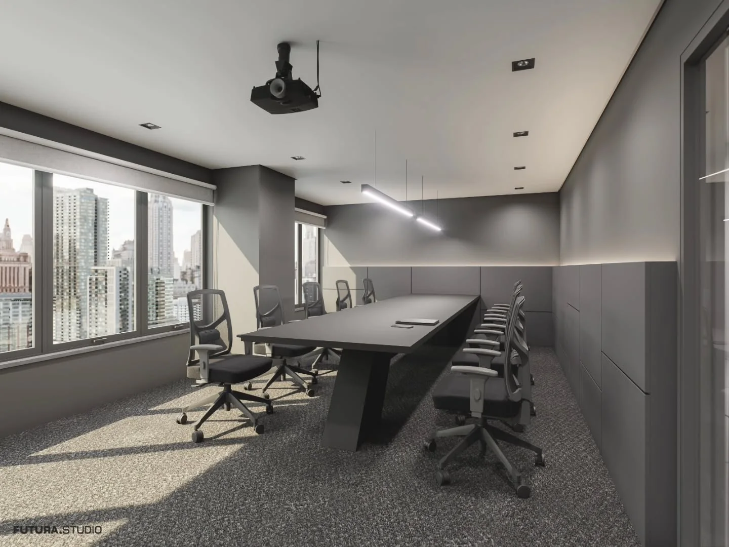 Projeto de ambiente corporativo com sala de reunião, tons neutros e iluminação linear